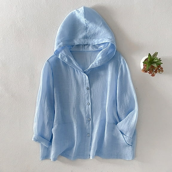 Aueoeo Women's Casual Hooded Linen Loose Long Sleeves Pullover Fall Spring Outfits Clothes With Two Pockets