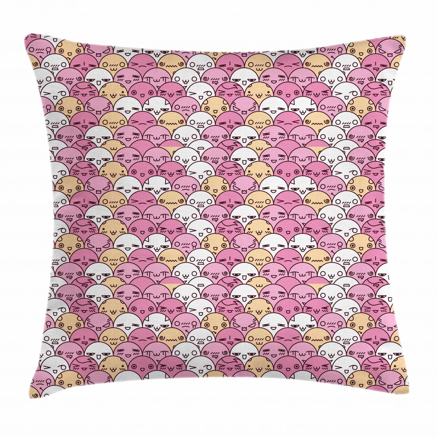 Anime Throw Pillow Cushion Cover, Pattern with Funny Kawaii Faces