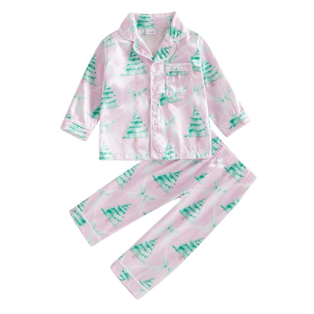 SUNSIOM Kids Christmas Pajama Sets Tree/Snowflake Print Long Sleeve Button-up Tops Pants Loungewear Set