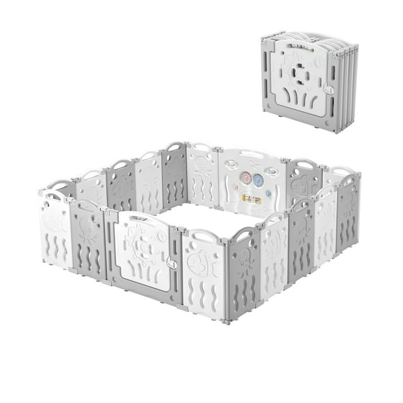 Baby Fence Kid Playpen 18 Panel Albott Play Yard - Foldable Kids Safety Activity Center Playard Safety Lock Gate,Adjustable Shape, Portable Design for Indoor and Outdoor (18 Panel, Grey+White)