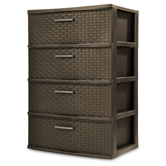 Sterilite 4 Drawer Wide Weave Tower, Plastic Décor Drawers with Pull Handles, Brown