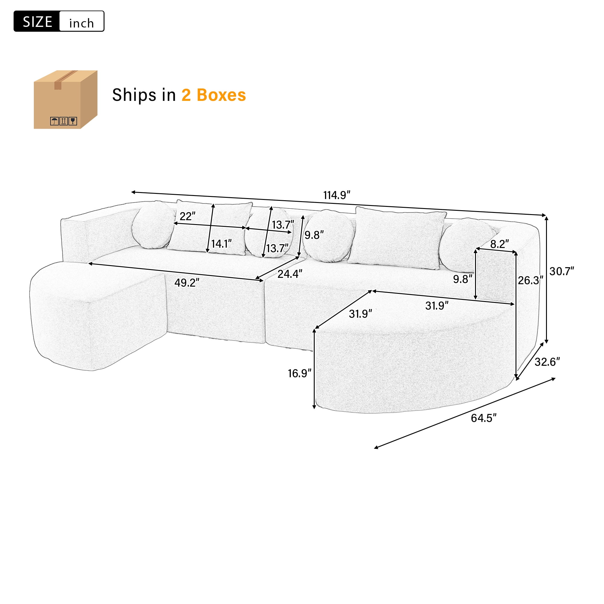 Euroco Boneless Couch Modular Sectional Sofa 114.9" Free-combined Sofa Couch Sofa Bed Compression Sofa with Deep Seating and Curved Design for Living Room, Blue