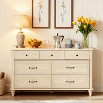 Beige 7 Drawer Dresser for Bedroom, Farmhouse Wooden Chest of Drawers Kids Dressers for Living Room