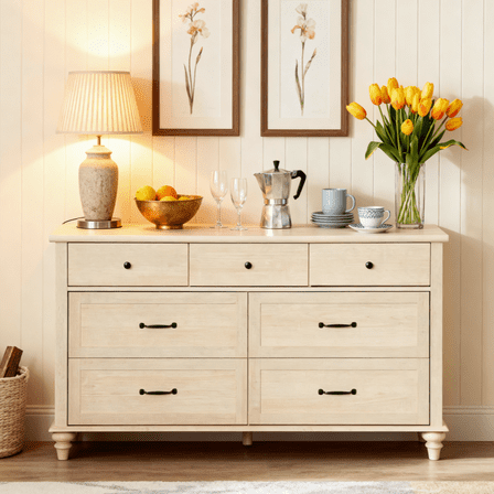 Beige 7 Drawer Dresser for Bedroom, Farmhouse Wooden Chest of Drawers Kids Dressers for Living Room