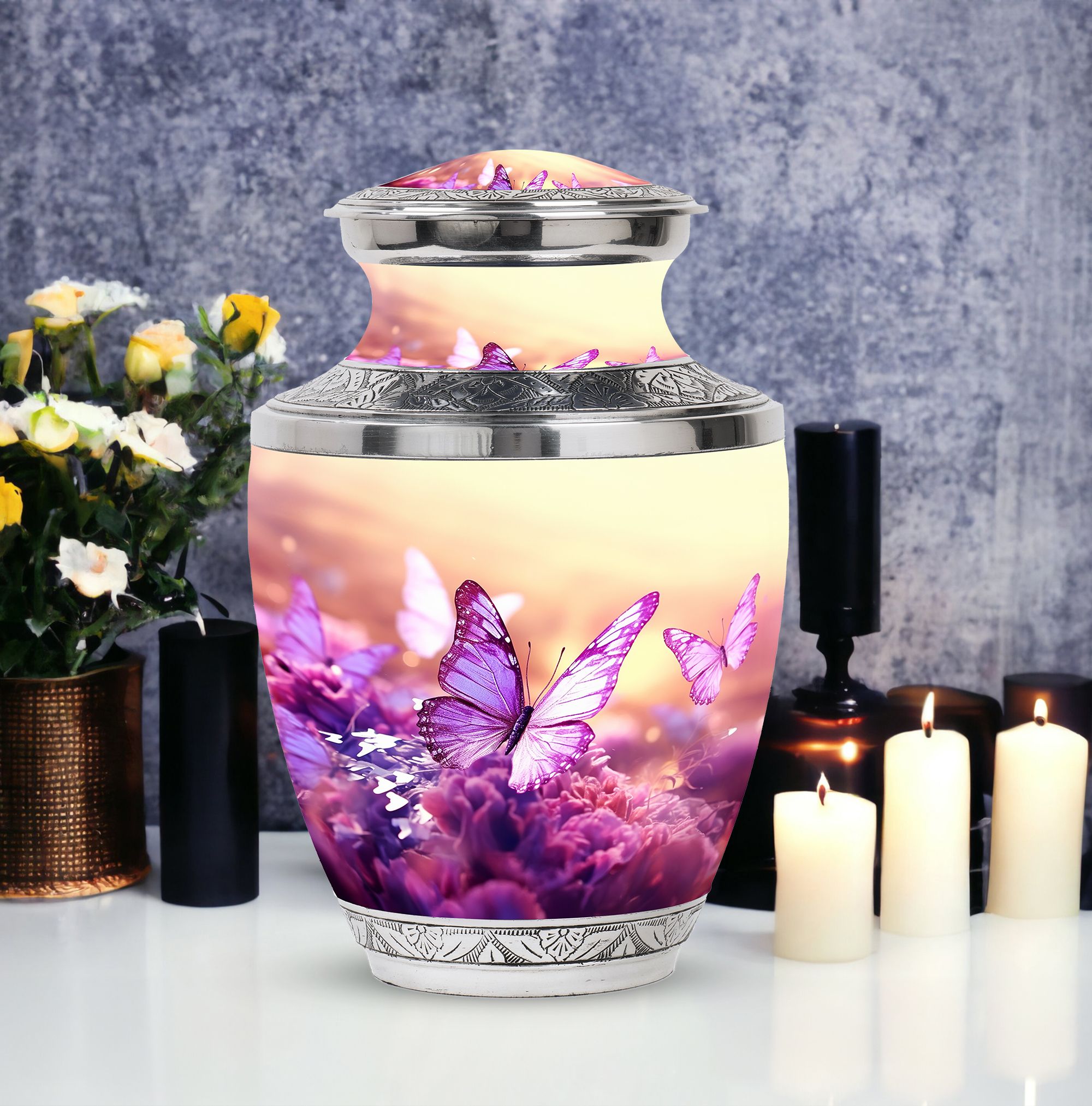 Purple Butterfly Unique Urns For Human Ashes Adult Father - Memorial Small Urn For Ashes Adult Women - Large Burial Gifts For Decorative Combo 10Inch 200Lbs And 3Inch 4 Keepsake