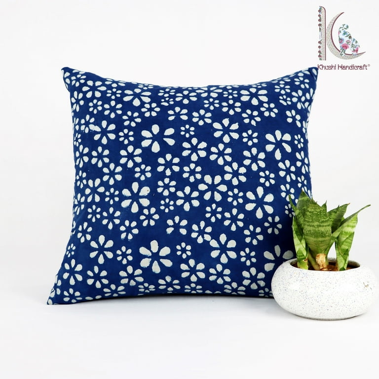 Hand Block Print Cotton Cushion Cover Indigo Blue Boho Handmade Cushion Cover Size 16x16 Indigo Blue