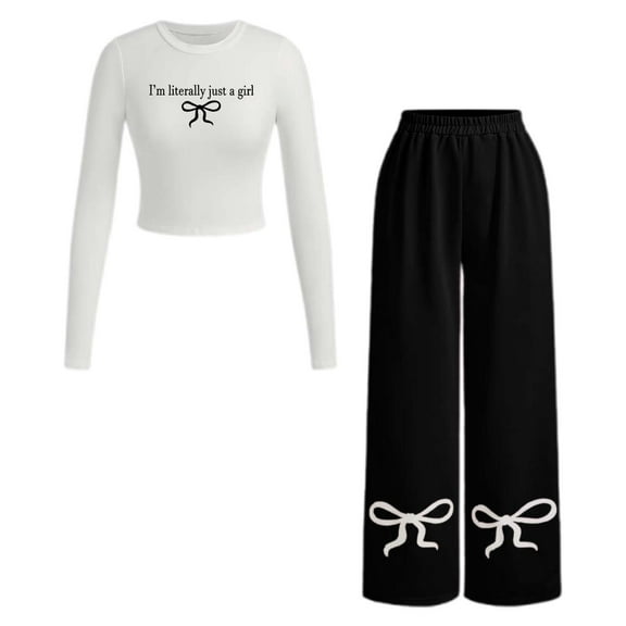 HSHMT Tracksuit Sweatsuits 2 piece I'm Just A Girl Bow Trim Print Sweatsuit Sets T Shirt Trousers Two Piece For Women