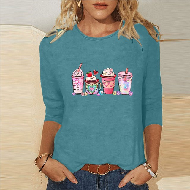 Meichang T-Shirts de la Saint-Valentin pour Femmes Col Rond Tops Graphiques Cœur d'Amour Manches 3/4 T-Shirts Mignons en Solde