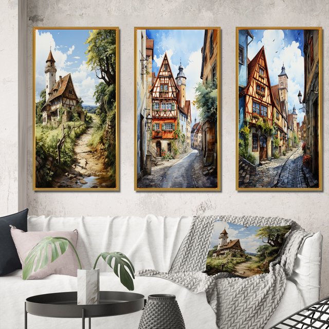 Designart "Blissful Rural Germany I" Germany Framed Wall Art Set Of 3 - Beige Germany Frame Gallery Wall Set For Home Decor