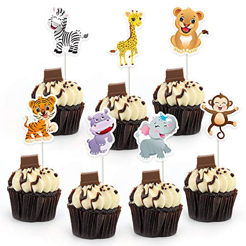 48pcs Zoo Animal Cupcake Picks Jungle Safari Favors Cake Toppers Party Decor 