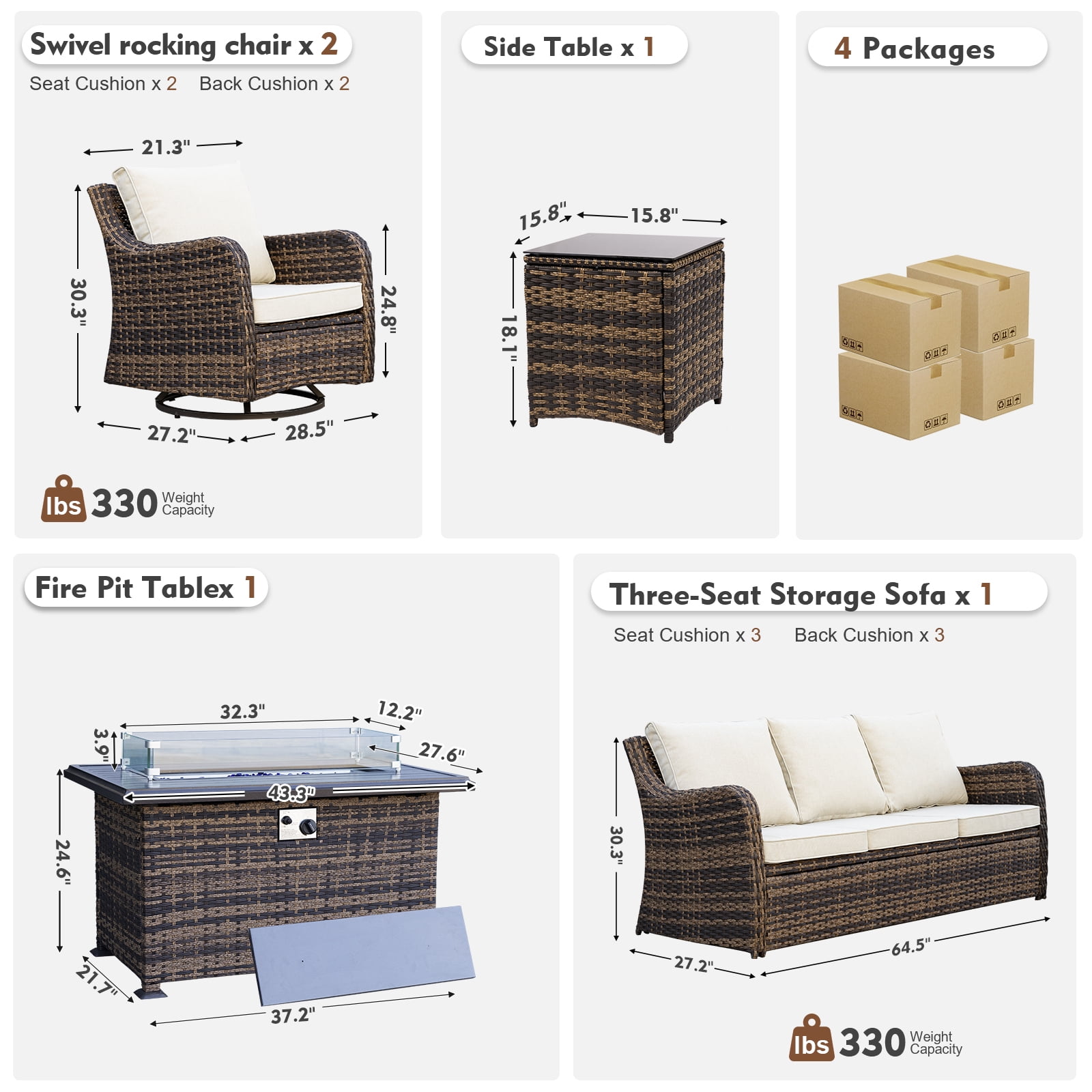MEISSALIVVE 5 Pieces Patio Furniture Set with 43" Fire Pit Table, Wicker Patio Conversation Set with Swivel Rocking Chairs, Outdoor Patio Set for Lawn Backyard Porch (Brown)
