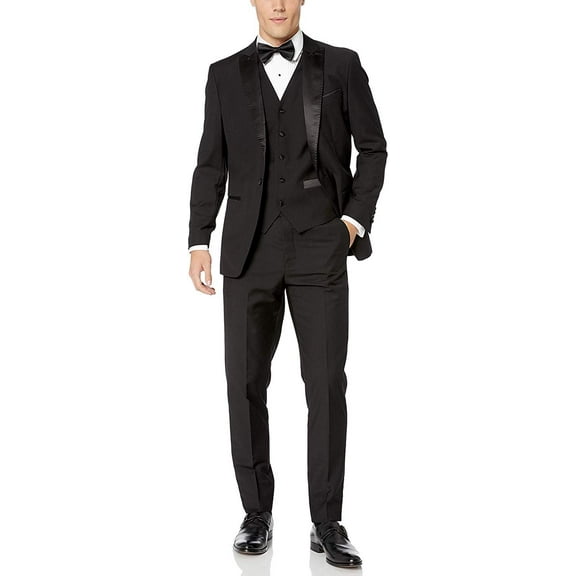 Statement Men's Tux-PK Single Breasted Three Piece Peak Lapel Tuxedo - Black - 54R