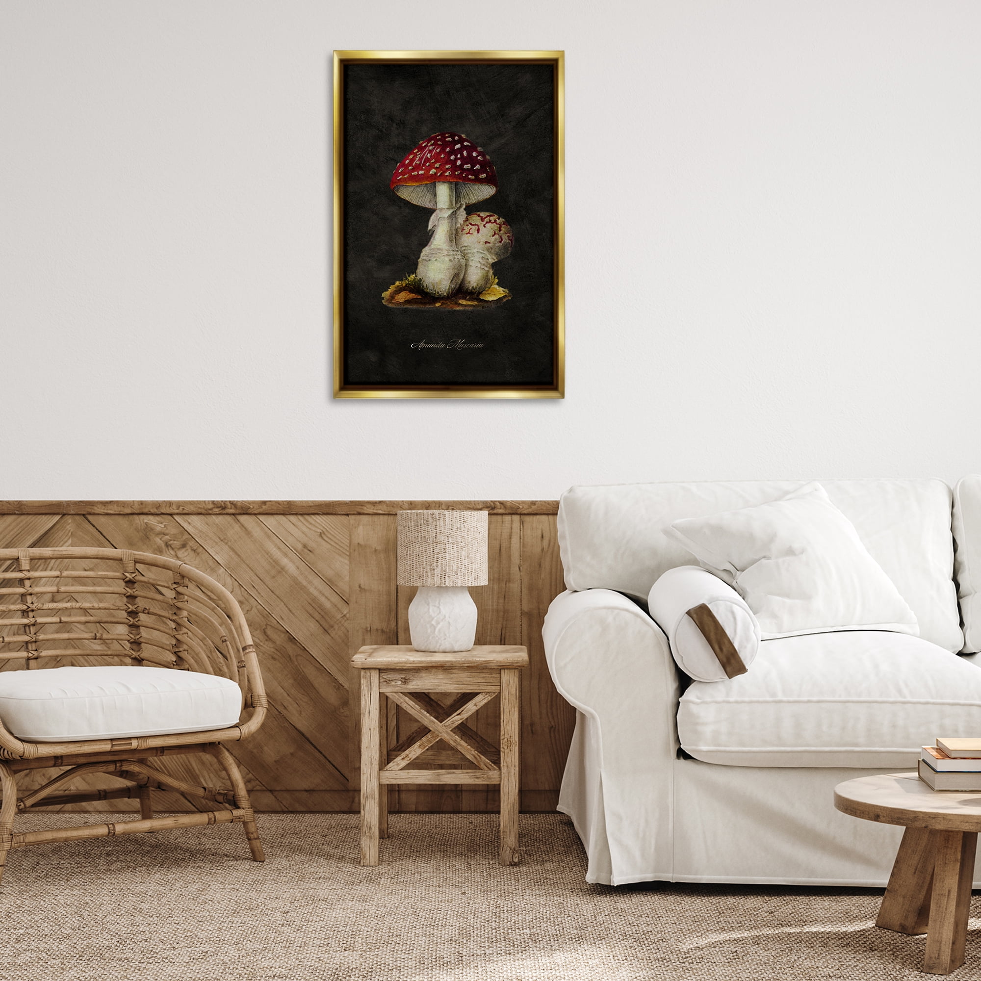 Stupell Industries Rustic Mushroom Pair Plants & Flowers Painting Gold Floater Framed Canvas Art Print Wall Art, 21 x 31