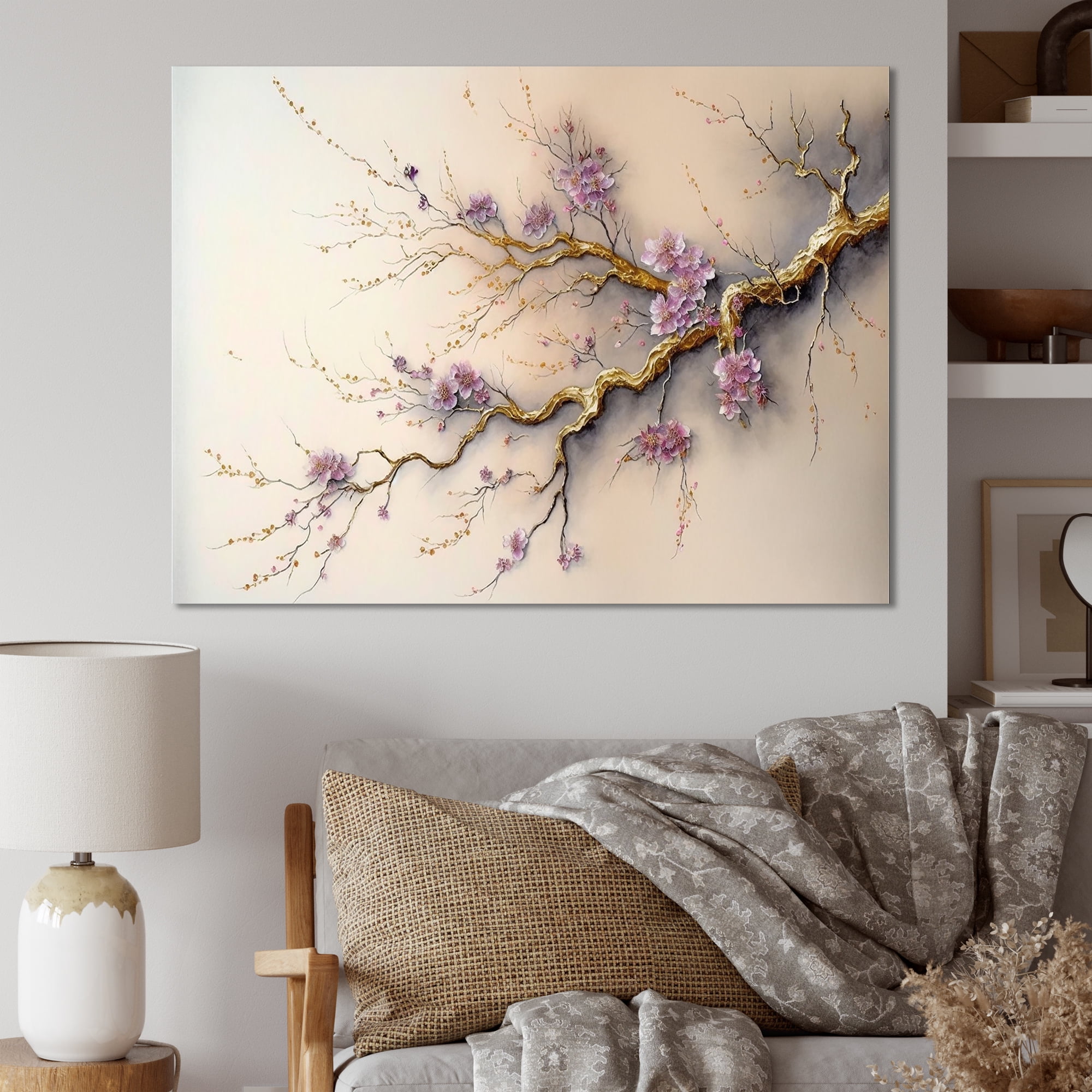 Designart Pink And Plum Cherry Blossom Branch V Canvas Wall Art