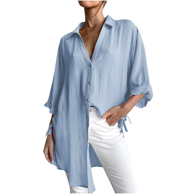 Blusa de manga 3/4 con botones sólidos a la moda para mujer, blusa con cuello en V, jersey Wmkox8yi bvn2943