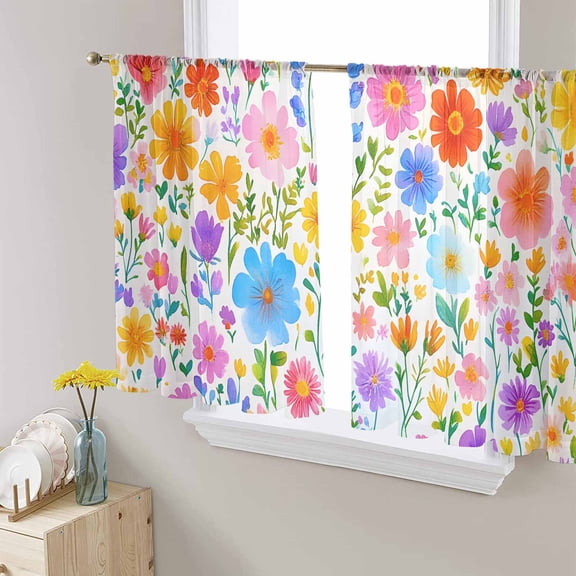 Colorful Spring Floral Semi Sheer Curtains 45 Inch Length 2 Panels Set, Summer Watercolor Botanical Sheer Kitchen Curtain Privacy Voile Window Curtain for Living Room Bedroom Rod Pocket Drapes
