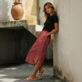 thumbnail image 4 of Women's Cotton Linen Midi Skirt Elastic Waist Side Button Split Pockets Solid Color Casual A-Line Mid-Calf Skirt 07-Vermilion XXL, 4 of 5