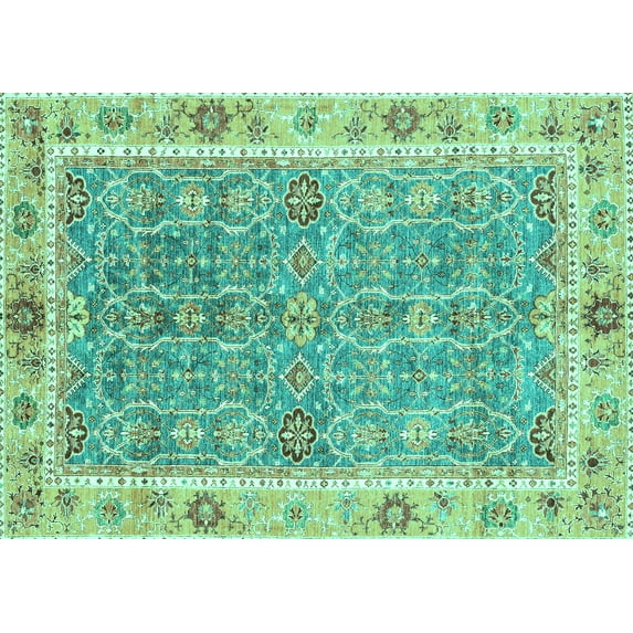 Ahgly Company Machine Washable Indoor Rectangle Oriental Turquoise Blue Traditional Area Rugs, 7' x 9'