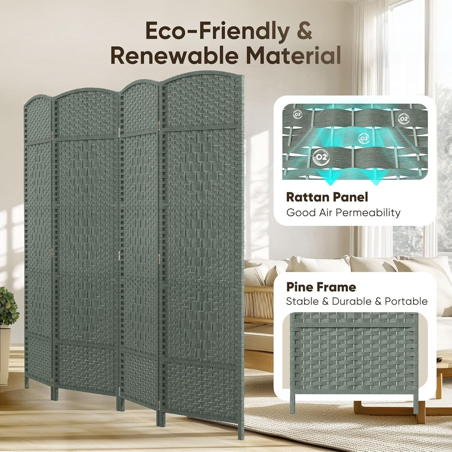 Jostyle 6ft Room Divider with Hand-Woven Design, 4-Panel Folding Privacy Screen Freestanding Gray-Green