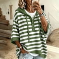 thumbnail image 3 of Women's Striped Hoodie Sweater Elbow Sleeve Henley Oversized Knit Pullover Tops Loose Slouchy Half Button Poncho for Fall Outfits, Army Green, L, 3 of 8