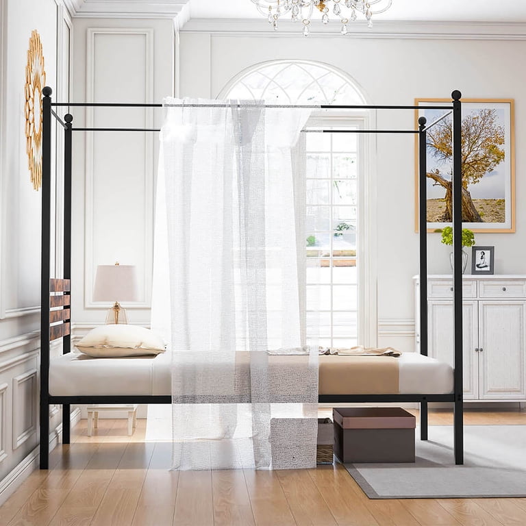 Gymax, Twin Size 4-Post Canopy Bed Frame, Rustproof Metal, Black