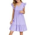 thumbnail image 2 of Spazoro Toddler Girls A-Line Dress, Casual Short Sleeve V-Neck Solid Color Princess Dresses for Child Girls Purple Size 11-12T, 2 of 5