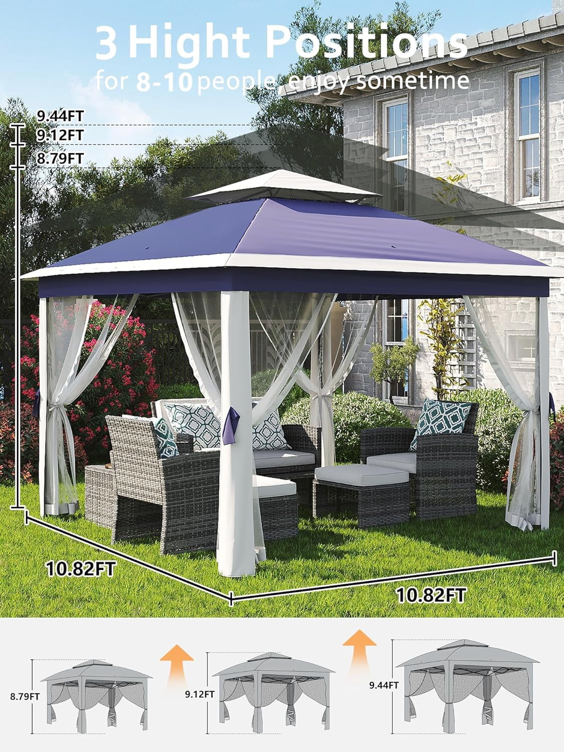 Outdoor Patio Gazebo 11x11,Gazebo with 4 Sidewalls & Metal Frame,Waterproof & Sun-Resistant Heavy Duty Party Tent & Shelter with Nets for Backyard Garden Lawn