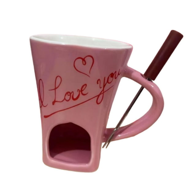 Taza para fondue de chocolate con tenedor, calentador de queso y mantequillera individual, ideal Corazón rosa