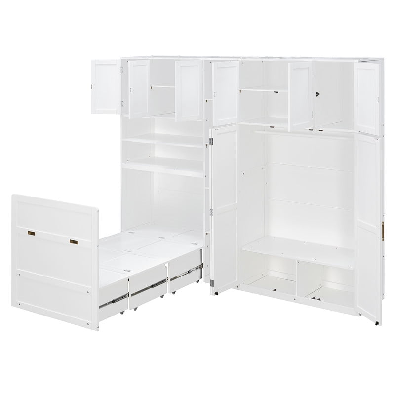 Twin Size Pull Out Murphy Bed with Wardrobe & Shelves, Storage Platform Bed Frame with LED Display Shelves & Overhead Cabinets