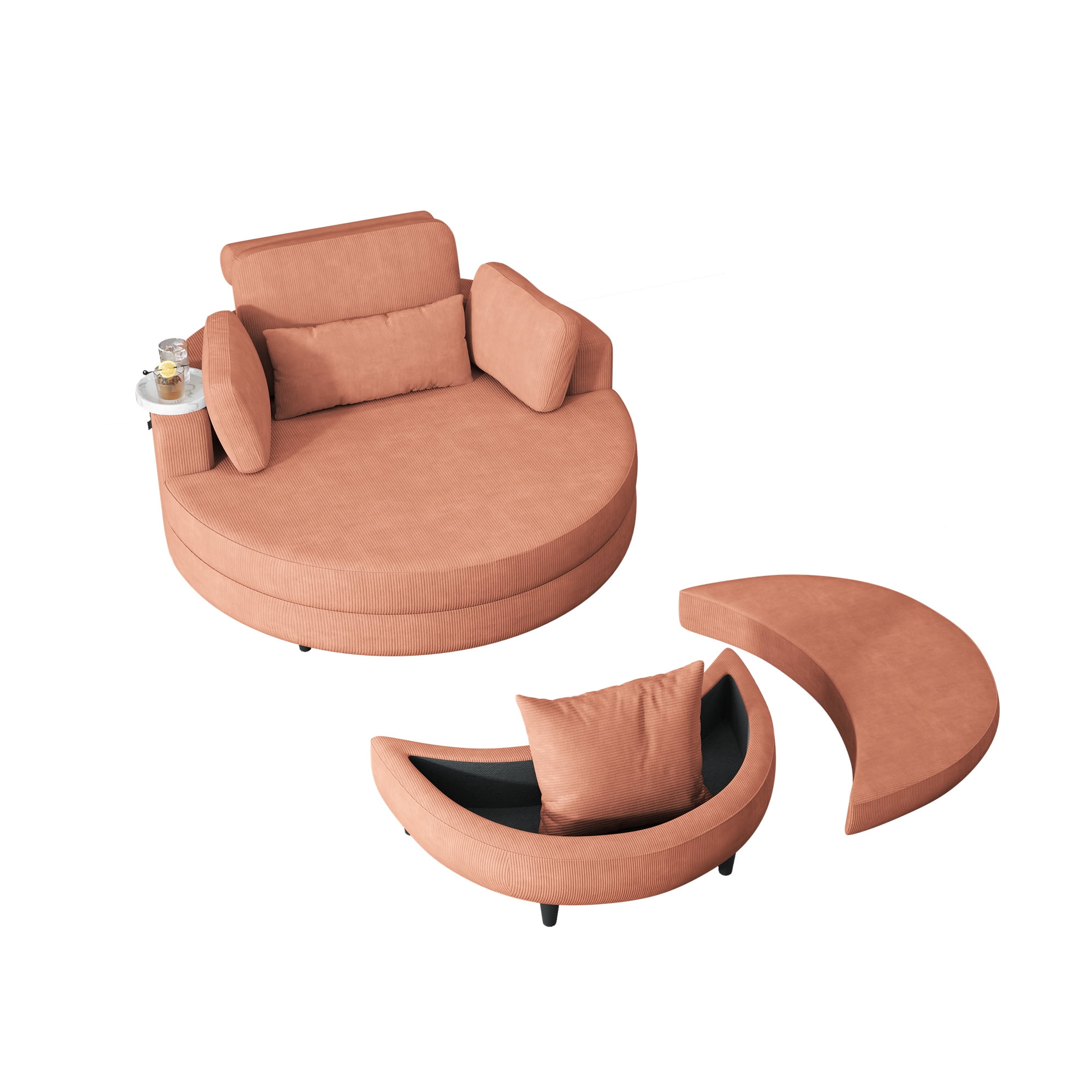 Aukfa 51" Oversized Accent Chair with Ottoman Set, Living Room Barrel Chair Corduroy Chaise, Orange