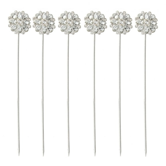 Dt Pins Silver Rhinestone Flowers 6Pc
