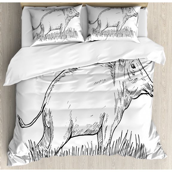 Razorback Duvet Cover Set Queen Size, Animal Print Themed Outline Monochrome Sketch of Wild Boar Pig Image, Decorative 3 Piece Bedding Set with 2 Pillow Shams, Charcoal Grey and White, by Ambesonne