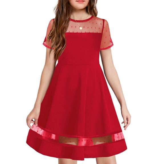 Oudiya Girls Contrast Mesh Short Sleeve A Line Party Dresses Red Formal Dress with Pockets for Tween 5-12Y