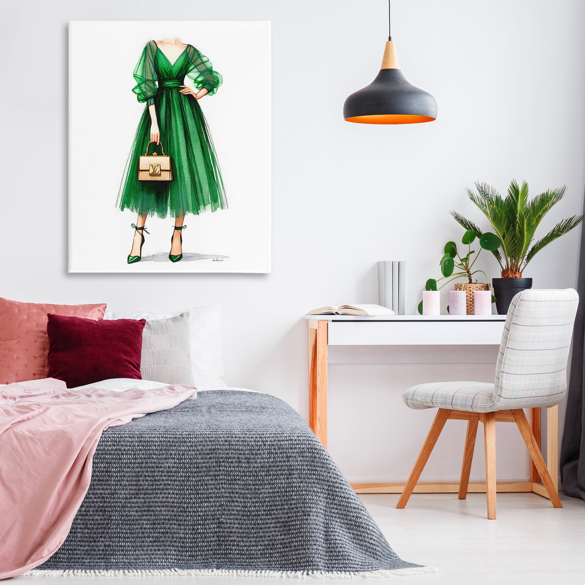 Stupell Industries Green Gown Fashion Girl Fashion Painting Wrapped Canvas Art Print Wall Art, 36 x 48