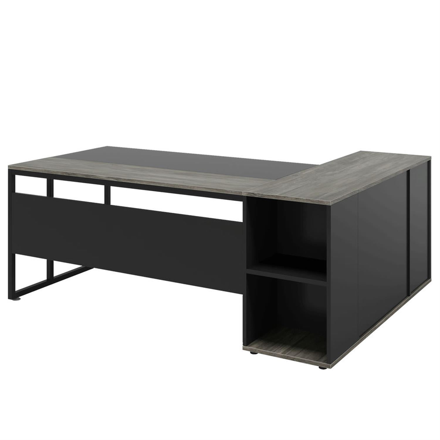 Demi Bonn Modern L Shaped Gaming Desk, 71" Executive Desk with Shelves and Lateral File Cabinet for Home Office, Gray