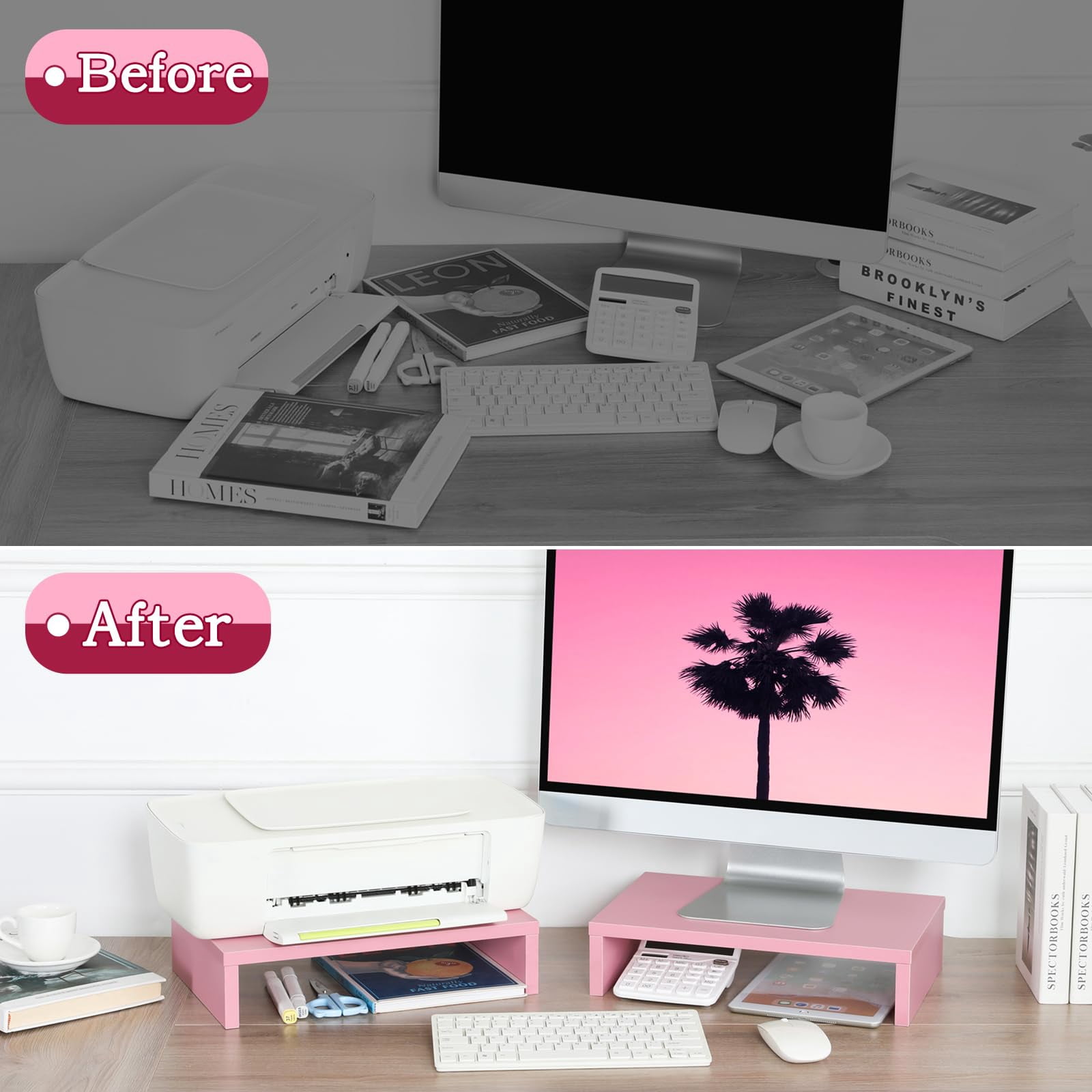 Pink Monitor Stand Riser-2 Pack Wood 2 Tier Adjustable Dual Riser For 2 Monitors/laptop/pc Computer Desk