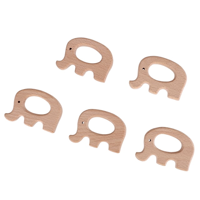 5 mordedores de madera con forma de animal para la dentición de bebés, accesorios de madera natural para la dentición (elefante)