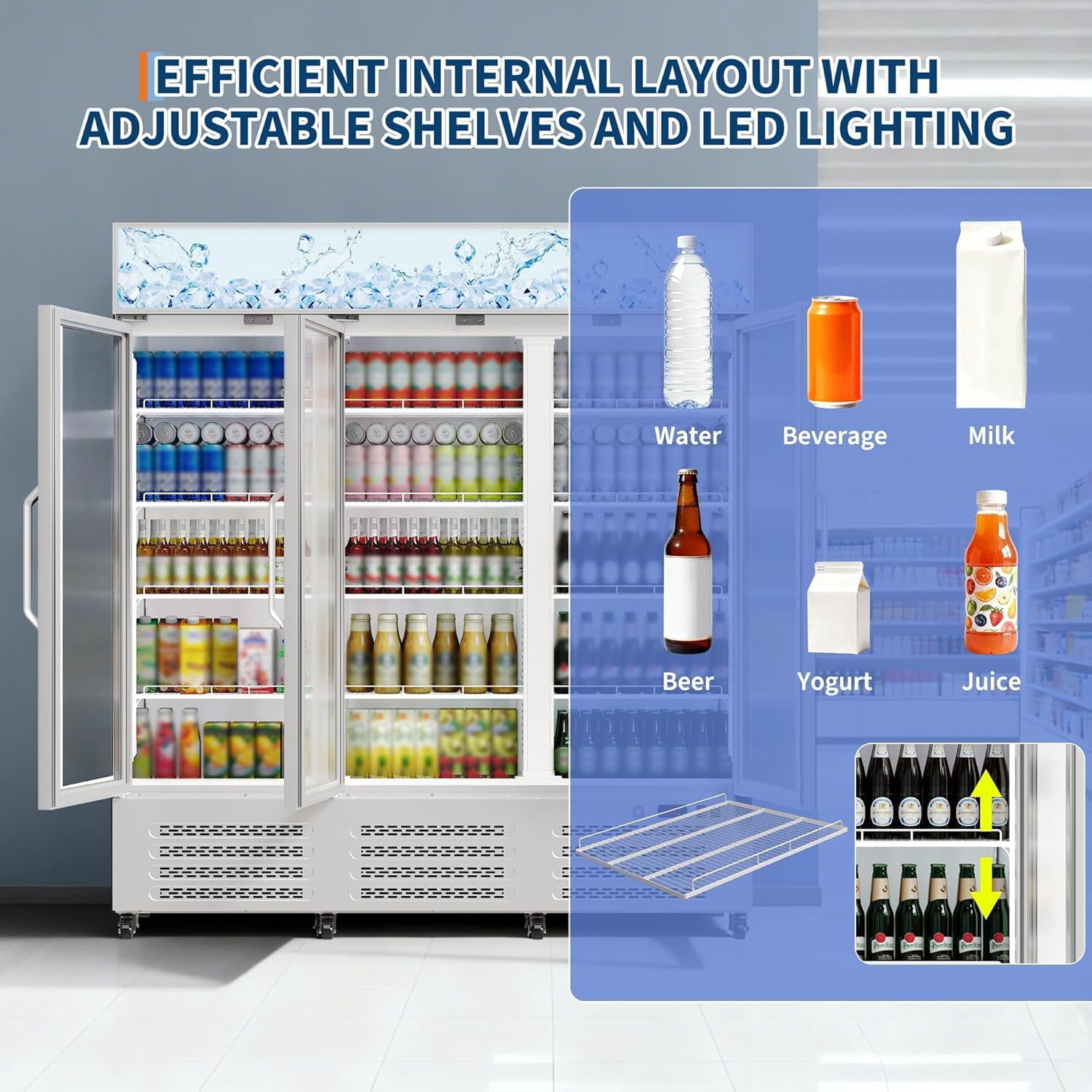 IdealHouse Commercial Refrigerator, Three Glass Door Display Beverage Fridge, 39 Cu ft Upright Beverage Cooler Merchandiser with Soft LED Light, Adjustable Shelves and Swivel Castors, Fast Cooling
