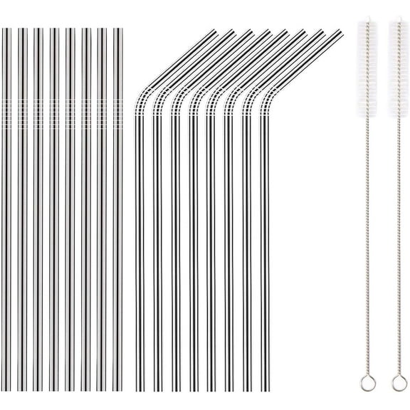 ReaNea Silver 18 Piece Stainless Steel Straw Set, 8.5" Reusable Metal Straws