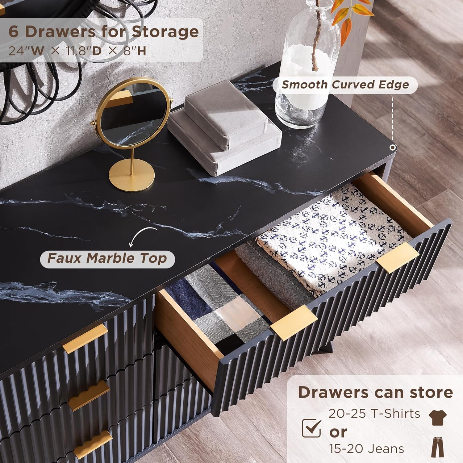 OKD 6 Drawer Dresser for Bedroom with Faux Marble Top, Modern Wood Chest of Drawers, Dresser Organizer, Dark Grey