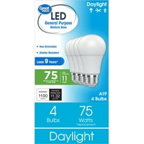 Great Value A19 LED Light Bulbs, 75 Watts Eqv, Daylight, General Purpose, 9yr, Medium Base, 4 pack