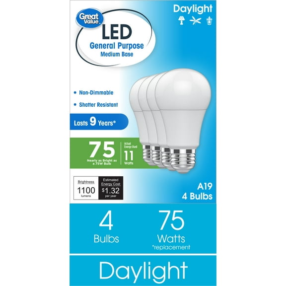 Great Value A19 LED Light Bulbs, 75 Watts Eqv, Daylight, General Purpose, 9yr, Medium Base, 4 pack