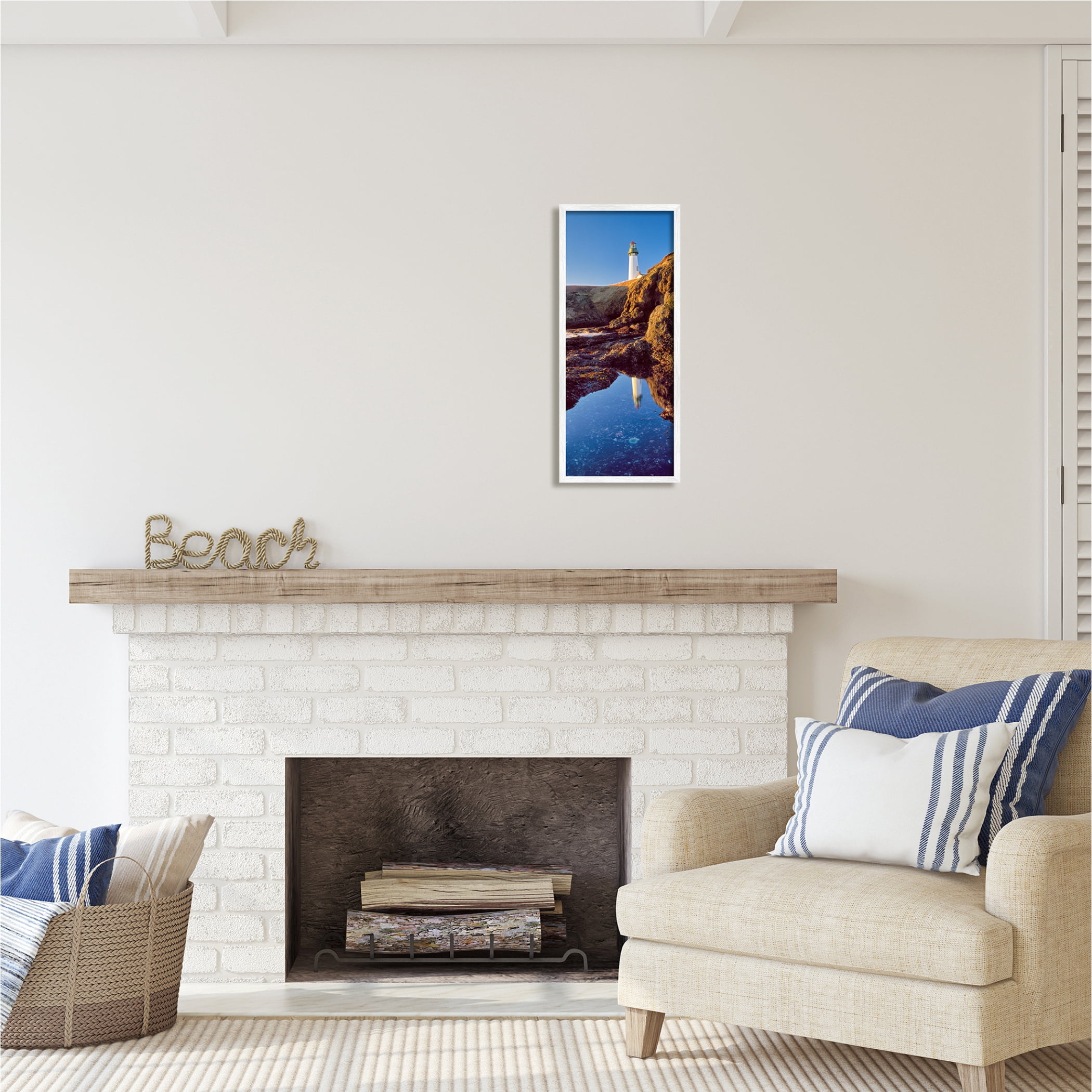 Stupell Industries Lighthouse Water Reflection Nature Photography White Framed Art Print Wall Art, 10 x 24