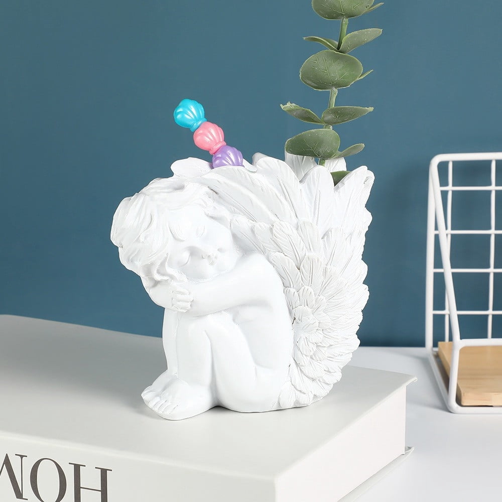 Resin Pen Holder Desk Organizer Sculpture Cherub Figurine, White Decorative Pen Cup for Home Office, Makeup Brushes, Pencils