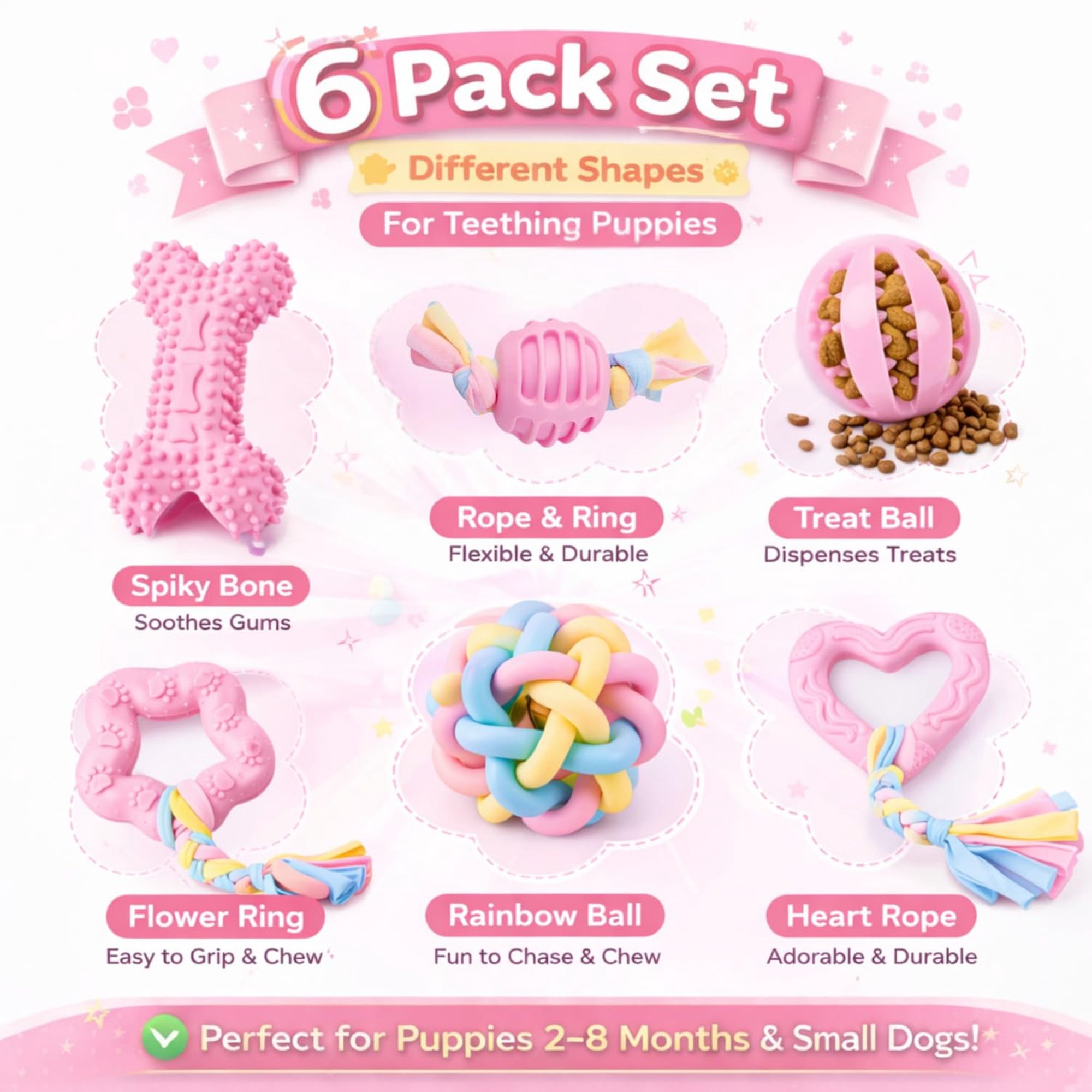 Puppy Chew Toys for Small Dogs, 6 Pack Soft Rubber Teething Toys, Interactive Teeth Cleaning Dog Toys for Puppies, Eco Friendly Safe Chewable Puppy Toys, Pink