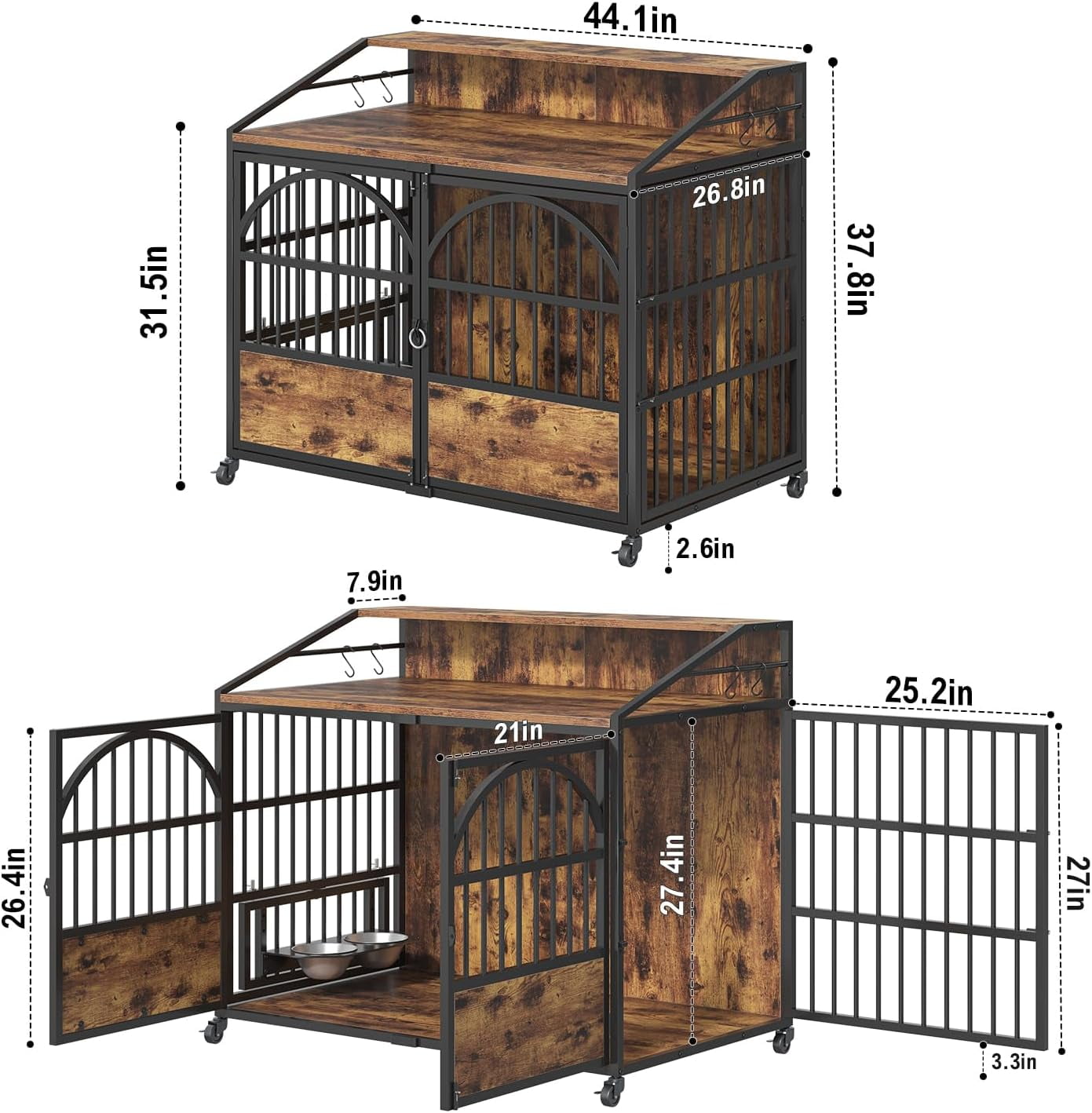 HAUXITIO 44" Heavy-Duty Dog Crate Furniture with 3 Doors, Locking Wheels & LED Light, Wood End Table Kennel for Large Dogs, 44.1"L x 26.8"W x 37.8"H