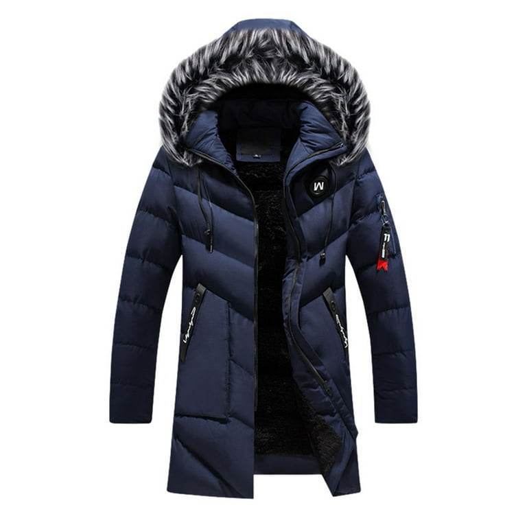 Winter Coats For Men Autumn&Winter Solid Color Long Sleeved Jacket Hooded  Plush Collar Parkas Blue