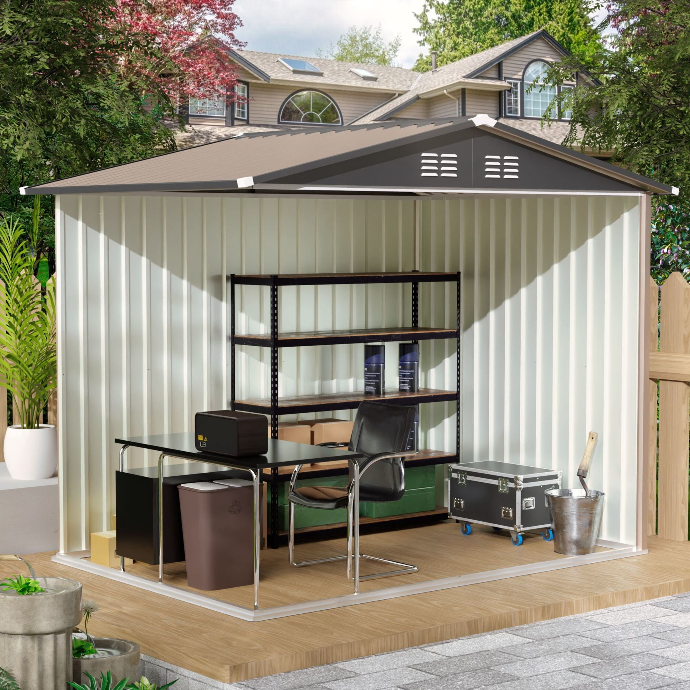 Noble House 8x6 FT Metal Garden Shed, Galvanized Steel Apex Roof Backyard Storage House, Easy Assembly, Brown