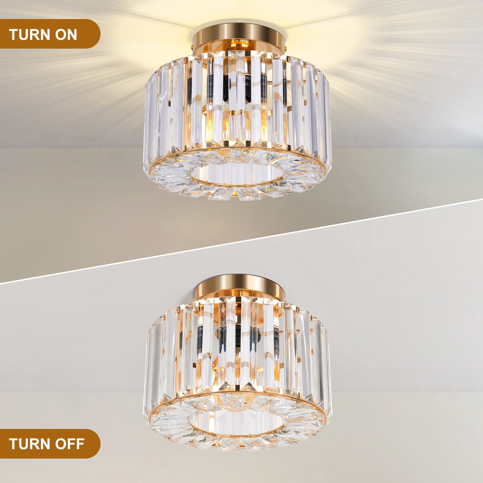 FRIDEKO HOME 9" Crystal Semi Flush Mount Ceiling Light, E26 Base, Modern Gold Small Ceiling Light Fixture for Hallway、Kitchen、Entryway、Bedroom、Bathroom (Bulb not Included)
