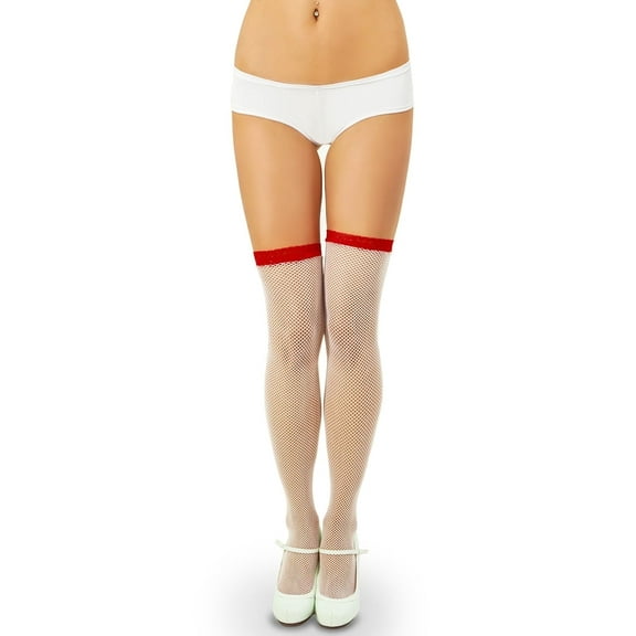 Music Legs Women's Fishnet Thigh Highs With Contrast Lace Top, Fishnet Stockings 4908-WHITE/RED